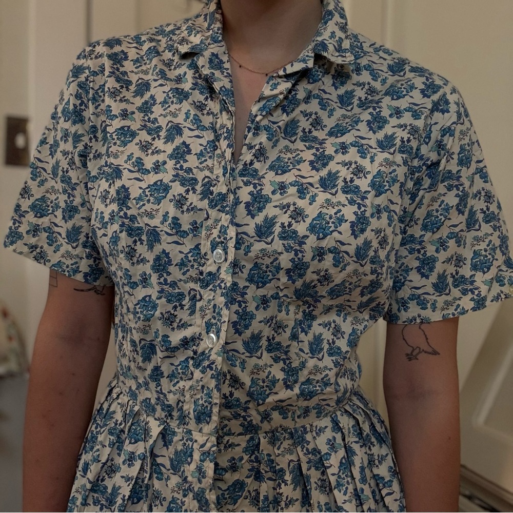 Floral Blue and White Button-Up Dress